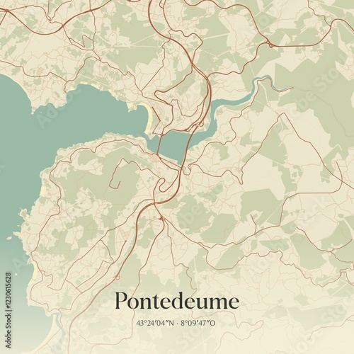 Retro Spanish map of Pontedeume, Galicia. Vintage street map.