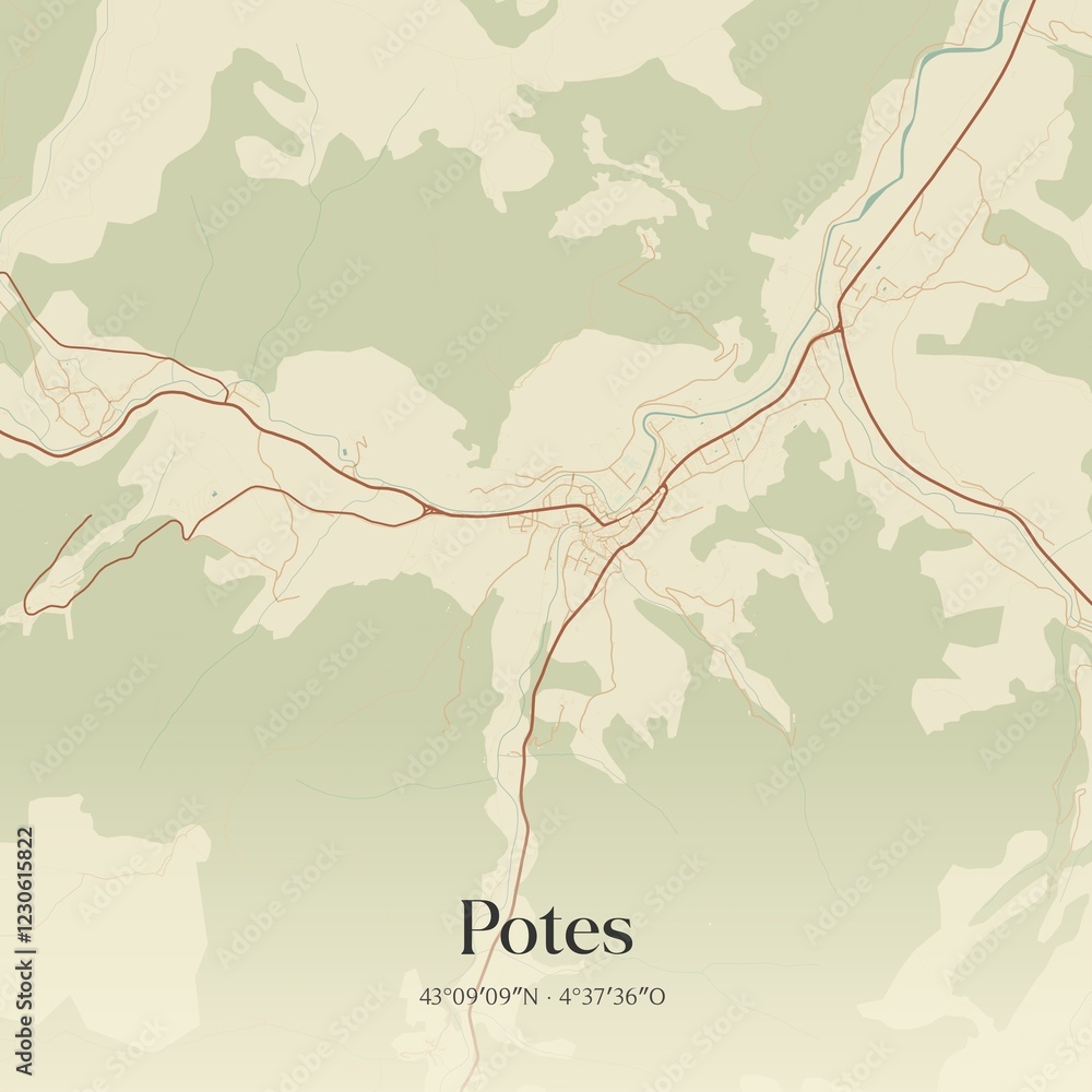 Obraz premium Retro Spanish map of Potes, Cantabria. Vintage street map.