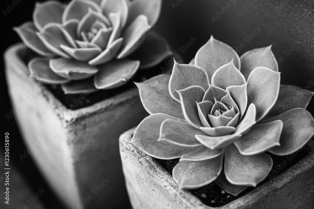 Two echeveria succulents in square grey pots, monochrome close-up. Two echeveria succulents in square grey pots, monochrome close-up.