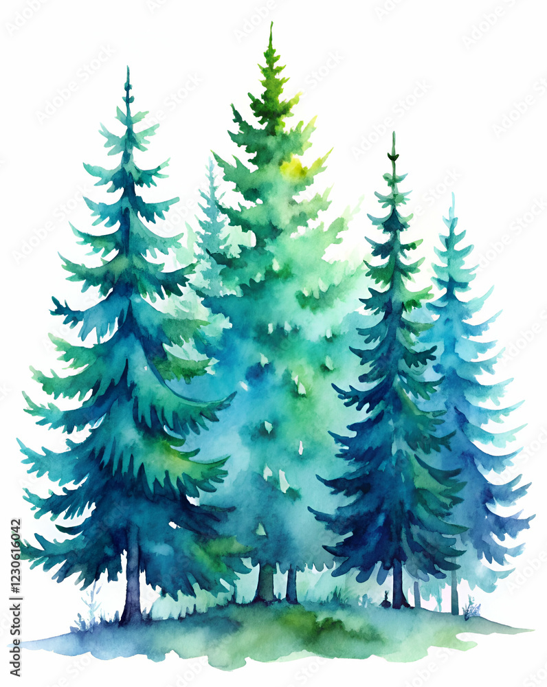 Obraz premium A serene watercolor illustration of evergreen trees in varying shades of green, creating a peaceful nature scene.