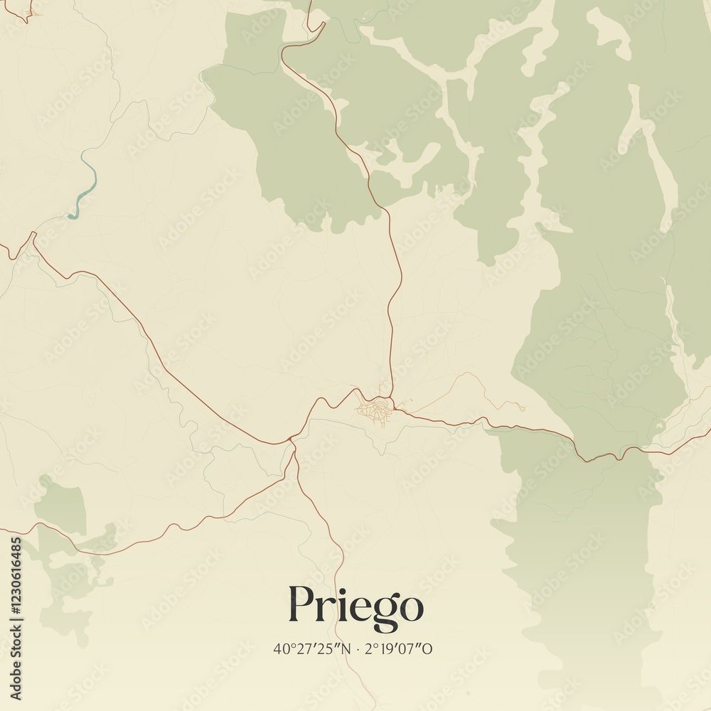 Fototapeta premium Retro Spanish map of Priego, Castilla-La Mancha. Vintage street map.