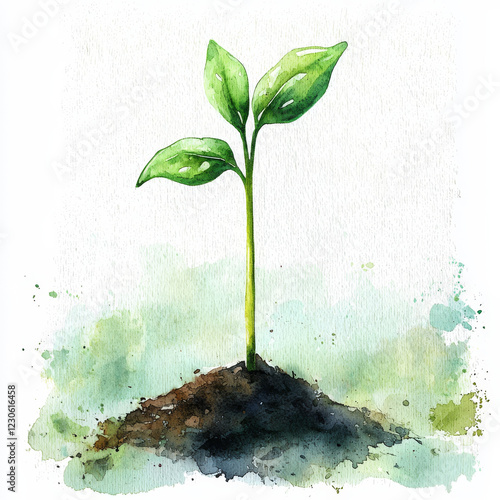 Watercolor painting of a young plant sprouting from soil. photo