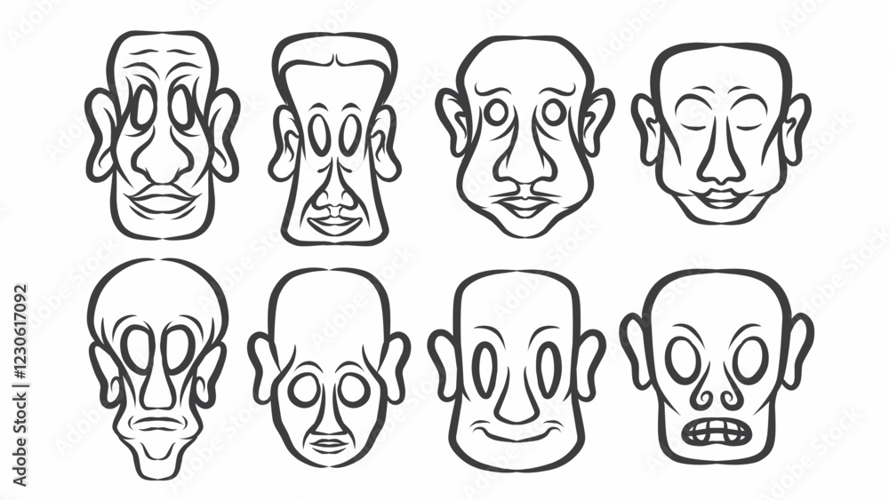 set of abstract face illustrations in black and white line art style. vector design features exaggerated facial expressions, ideal for posters, tattoos, or graphic projects set of abstract face illustrations in black and white line art style. vector design features exaggerated facial expressions, ideal for posters, tattoos, or graphic projects