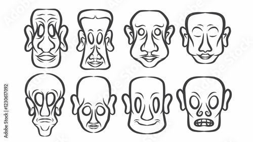 set of abstract face illustrations in black and white line art style. vector design features exaggerated facial expressions, ideal for posters, tattoos, or graphic projects