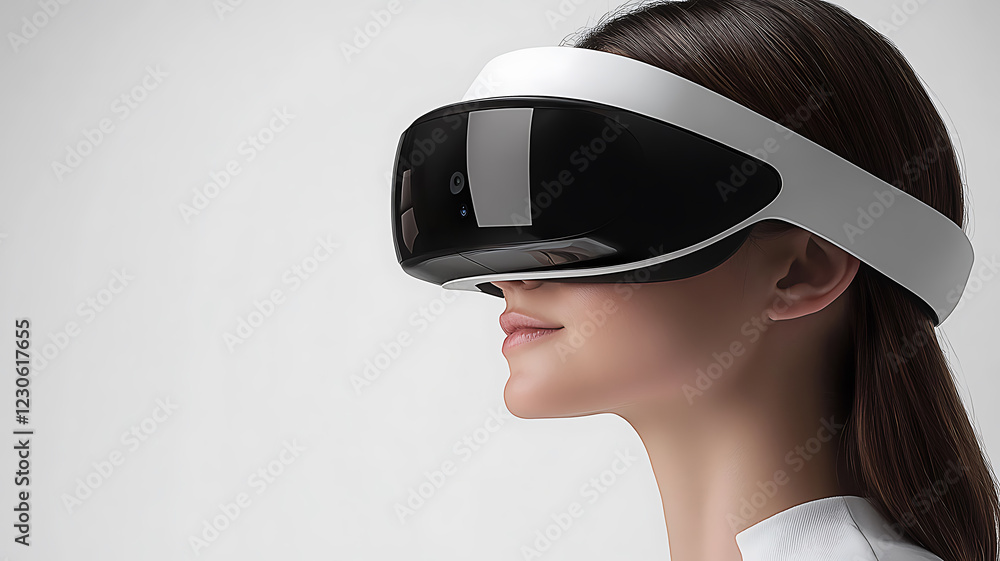 Close-up profile view of a woman wearing a modern VR headset, set against a plain white background Close-up profile view of a woman wearing a modern VR headset, set against a plain white background