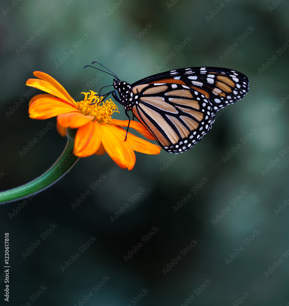 Obraz premium Exquisite orange, black and white monarch feeding on the bright Mexican sunflower, Tithonia Rotundifolia, a bright sunny, happy flower, perfect for the garden. Easy to grow and a butterfly magnet.