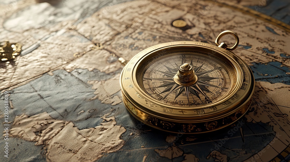 Ancient magnetic compass lies on a world map, representing the essence of travel, history, navigation, and exploration. Ancient magnetic compass lies on a world map, representing the essence of travel, history, navigation, and exploration.