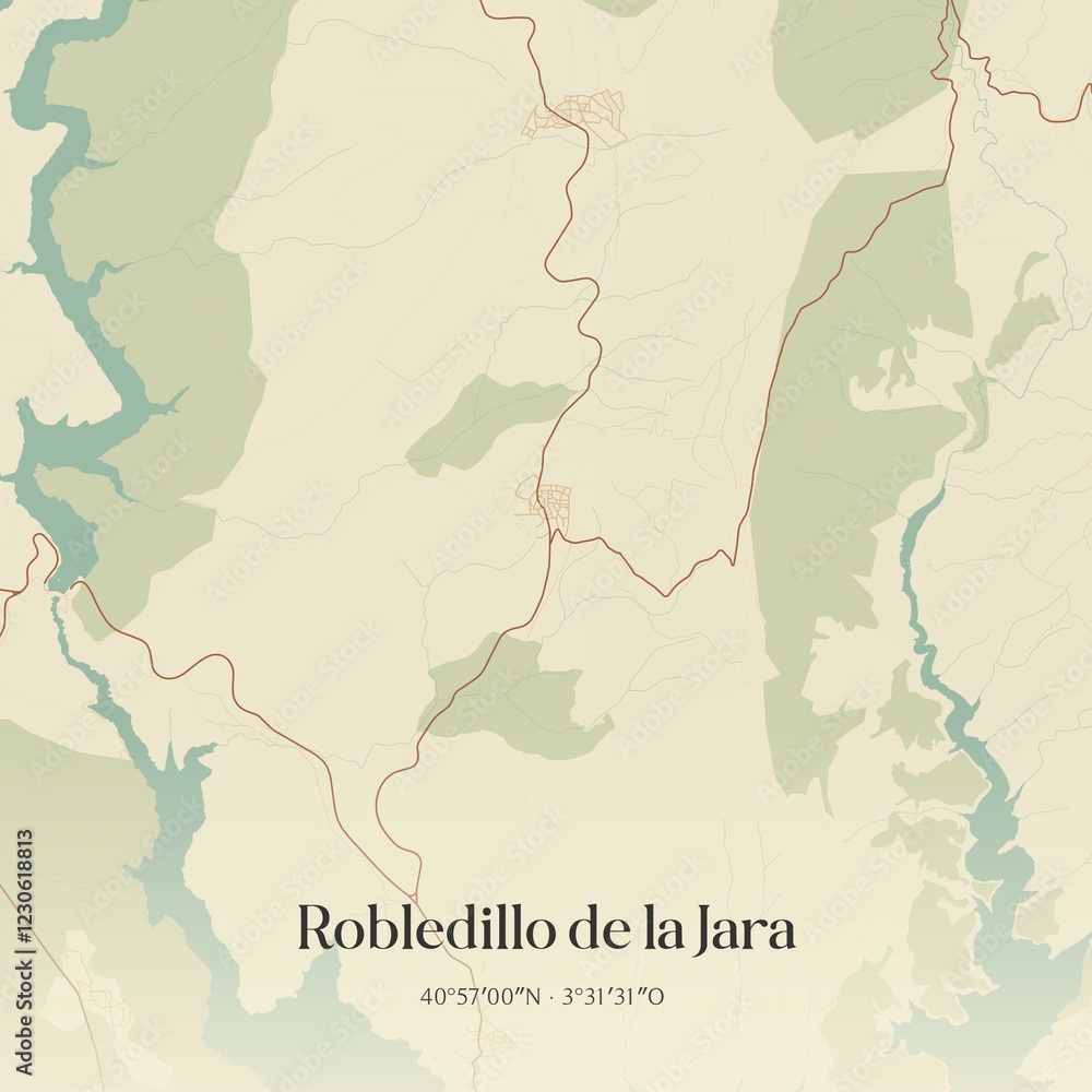 Fototapeta premium Retro Spanish map of Robledillo de la Jara, Comunidad de Madrid. Vintage street map.