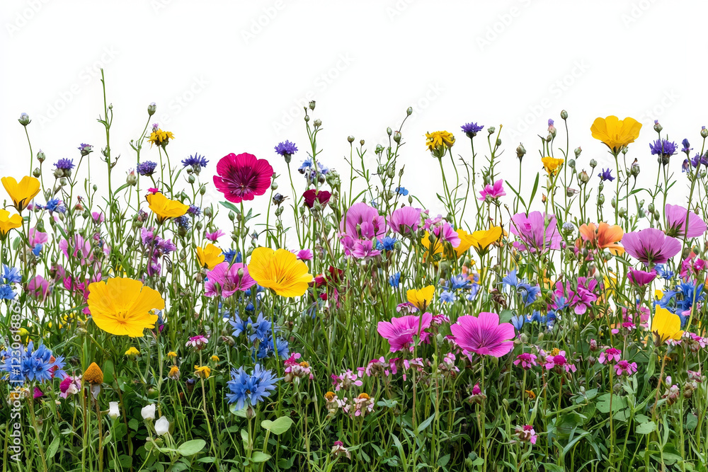 Vibrant wildflowers in full bloom against a white background. Vibrant wildflowers in full bloom against a white background.