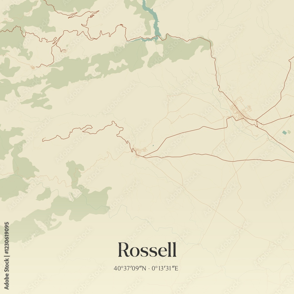 Fototapeta premium Retro Spanish map of Rossell, Comunidad Valenciana. Vintage street map.