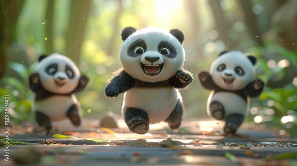 Obraz premium Three pandas are running through a forest, with one of them jumping in the air