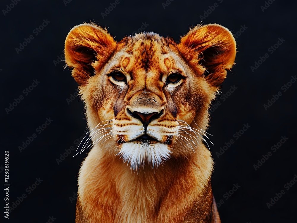 Fototapeta premium Majestic Young Lioness Portrait Against Black Background
