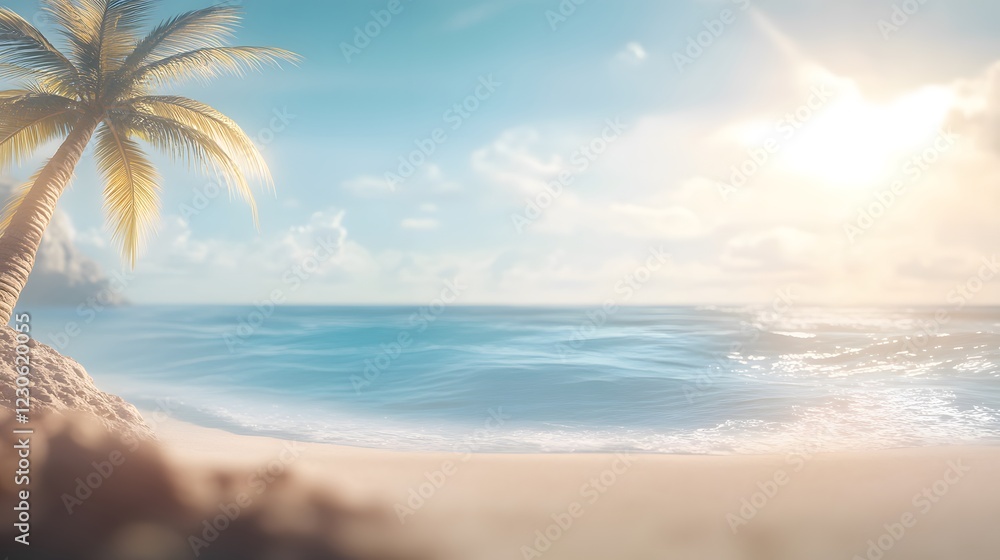 Fototapeta premium Serene Tropical Beach Scene Palm Tree Ocean Sunset