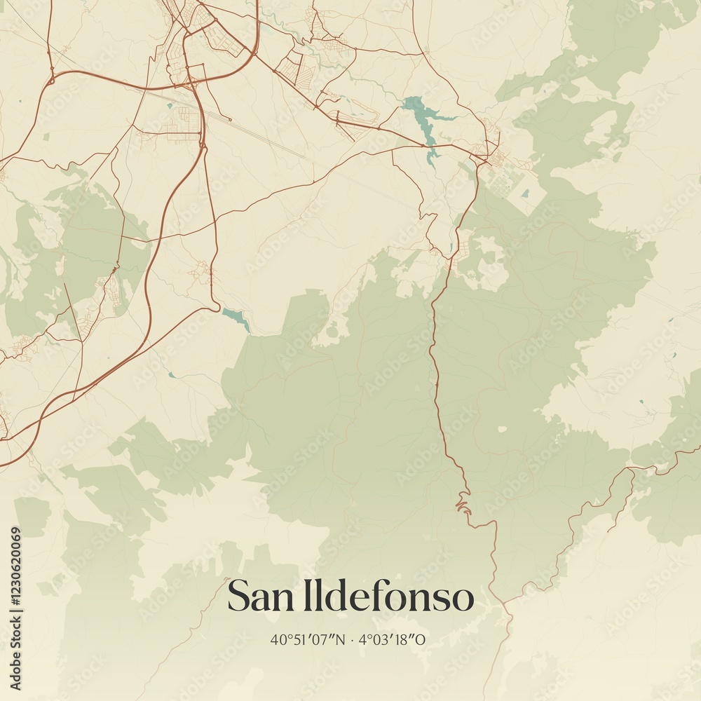 Fototapeta premium Retro Spanish map of San Ildefonso, Castilla y Le�n. Vintage street map.