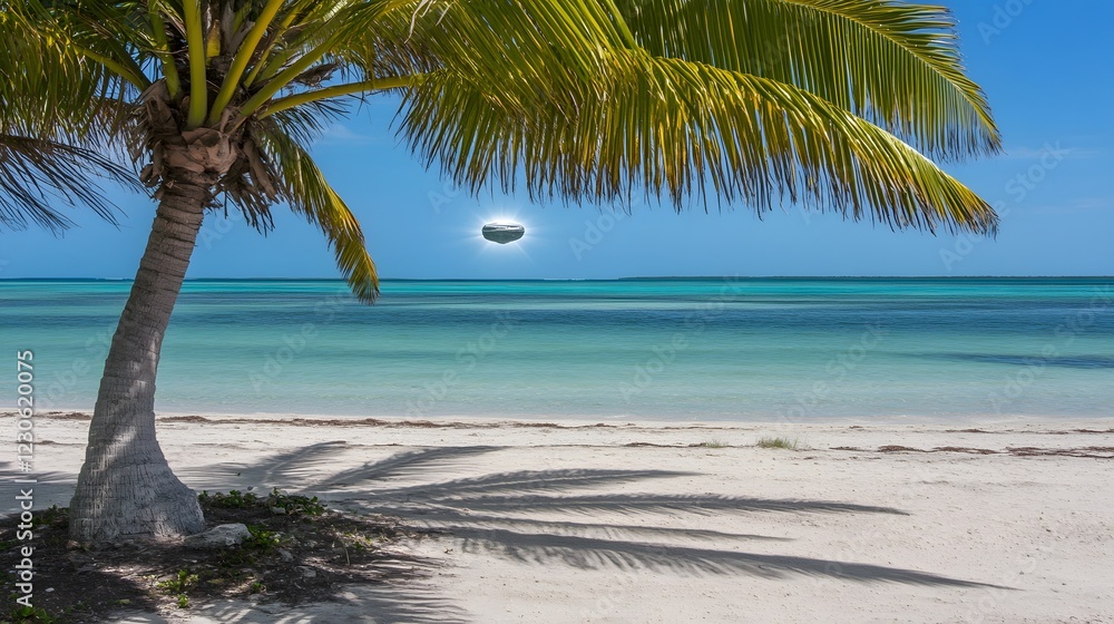 Fototapeta premium Mysterious UFO Over Tropical Beach Paradise Palm Tree