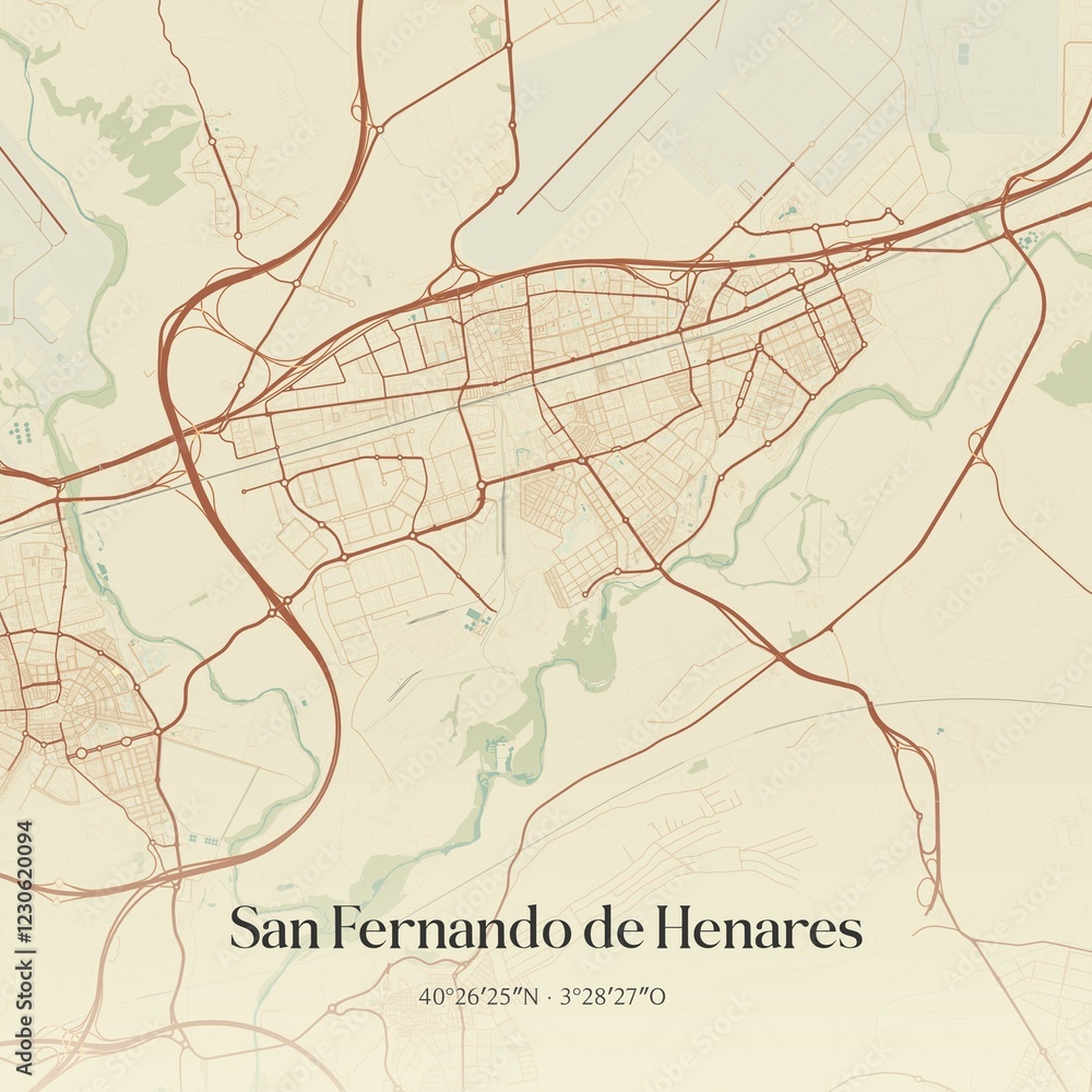 Fototapeta premium Retro Spanish map of San Fernando de Henares, Comunidad de Madrid. Vintage street map.