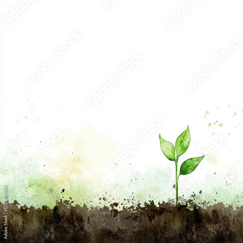 Watercolor sprout emerging from dark soil, light background. photo