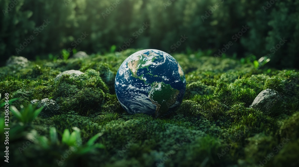 A vibrant depiction of Earth resting among lush green moss and stones, symbolizing nature and environmental harmony. A vibrant depiction of Earth resting among lush green moss and stones, symbolizing nature and environmental harmony.