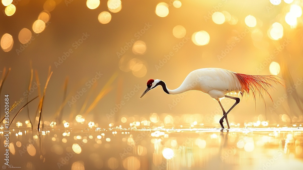 Fototapeta premium A red-headed white bird with long legs strolls across a watery landscape, surrounded by tall grass blades