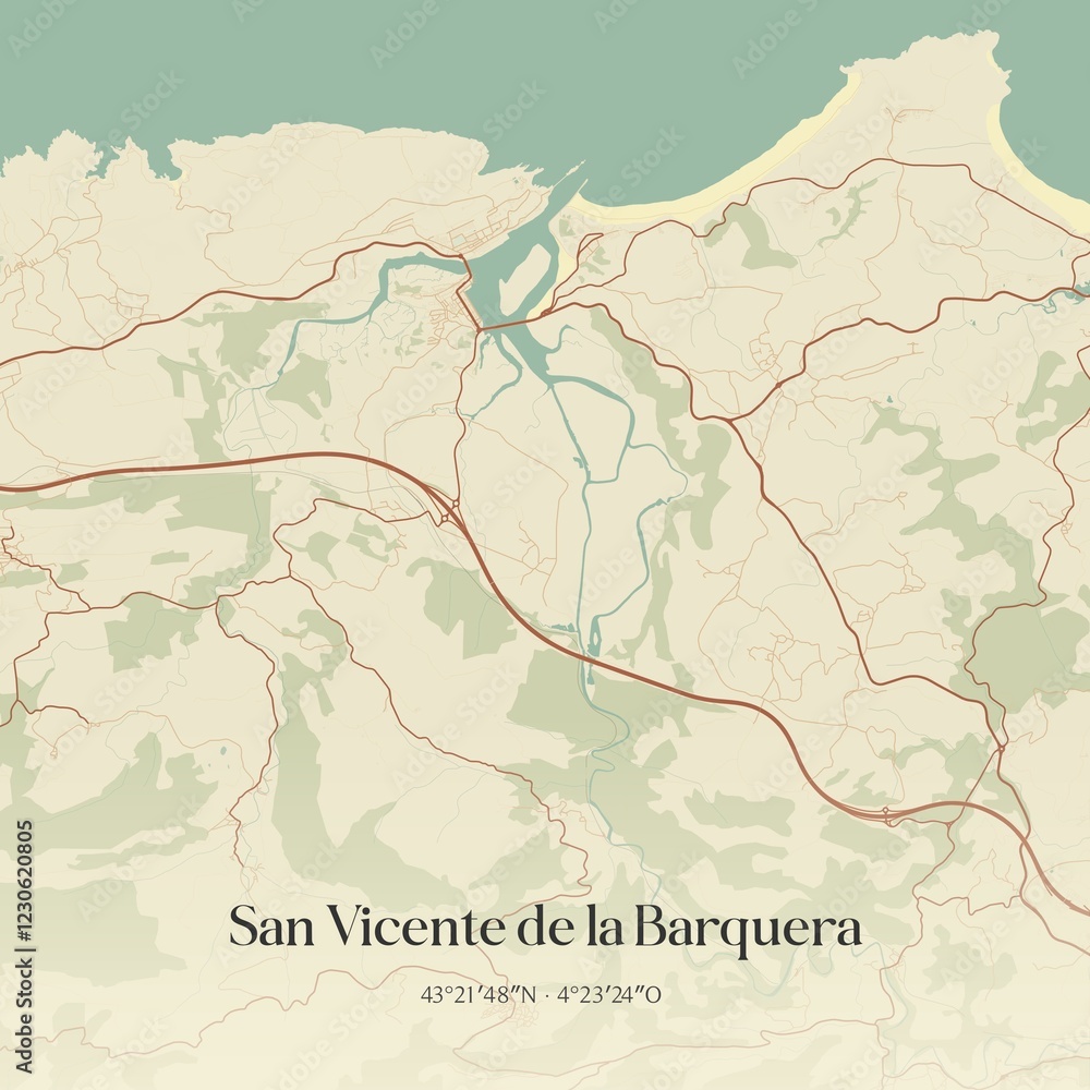 Obraz premium Retro Spanish map of San Vicente de la Barquera, Cantabria. Vintage street map.