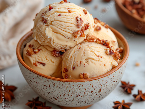 A close-up shot of a bowl filled with scoops of creamy orange ice cream, garnished with chopped nuts, set against a soft, neutral background, inviting a cool and refreshing treat. photo