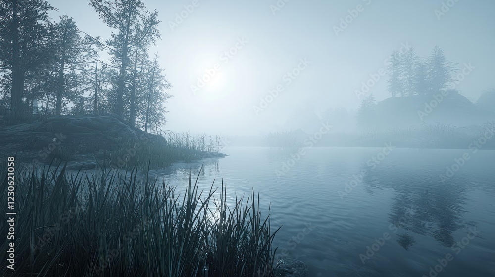 Fototapeta premium Misty morning river scene with fog and trees.