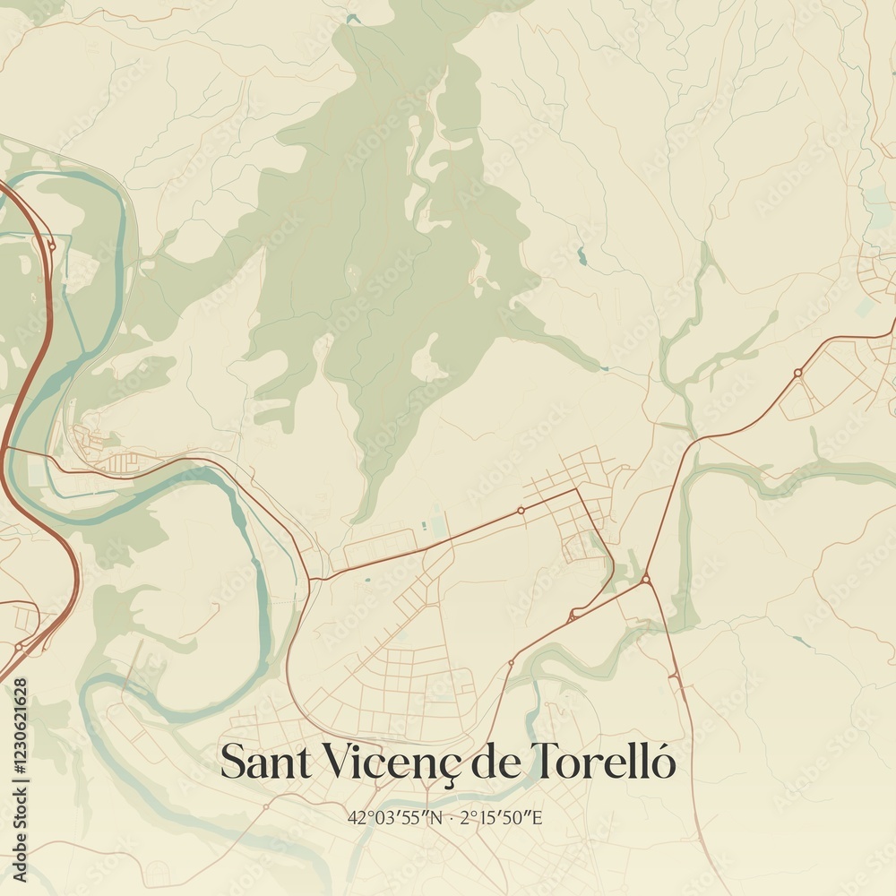 Obraz premium Retro Spanish map of Sant Vicen� de Torell�, Catalu�a. Vintage street map.