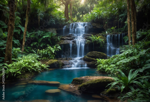 A hidden waterfall into pool, surrounded by glowing flora and fauna, creating a mystical and serene atmosphere
