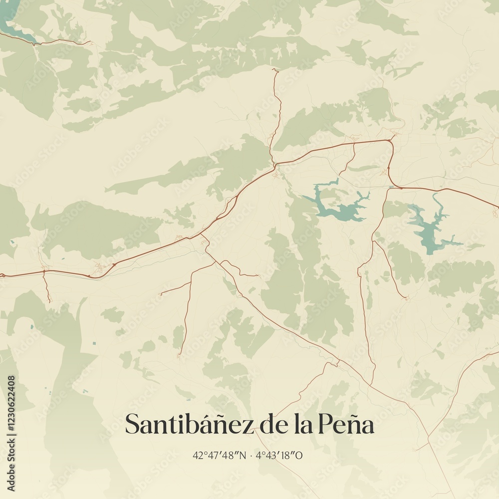 Fototapeta premium Retro Spanish map of Santib��ez de la Pe�a, Castilla y Le�n. Vintage street map.