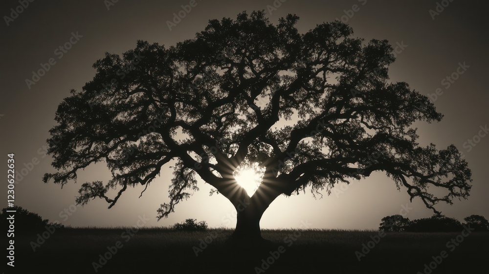 Obraz premium Sunset Silhouette Oak Tree Field