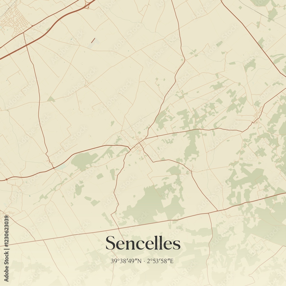 Fototapeta premium Retro Spanish map of Sencelles, Islas Baleares. Vintage street map.