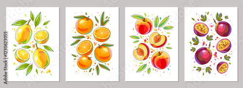 Set of fruit posters. Templates with lemons, oranges, peaches, passion fruit and leaves. Colorful art print for cards, wall art, banner, packaging, cover and more. Vector illustrations.