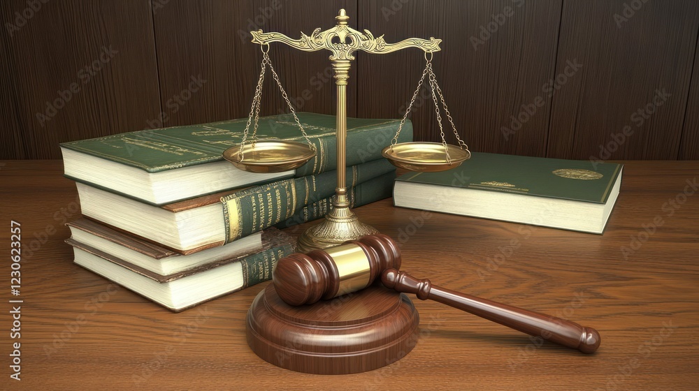Golden Scales Justice Gavel Legal Books Wooden Table Golden Scales Justice Gavel Legal Books Wooden Table