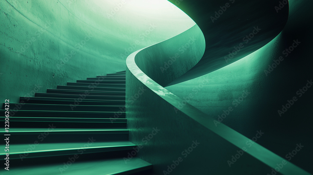 Obraz premium Minimalist modern staircase with curved design, soft lighting, and green tones in architectural interior