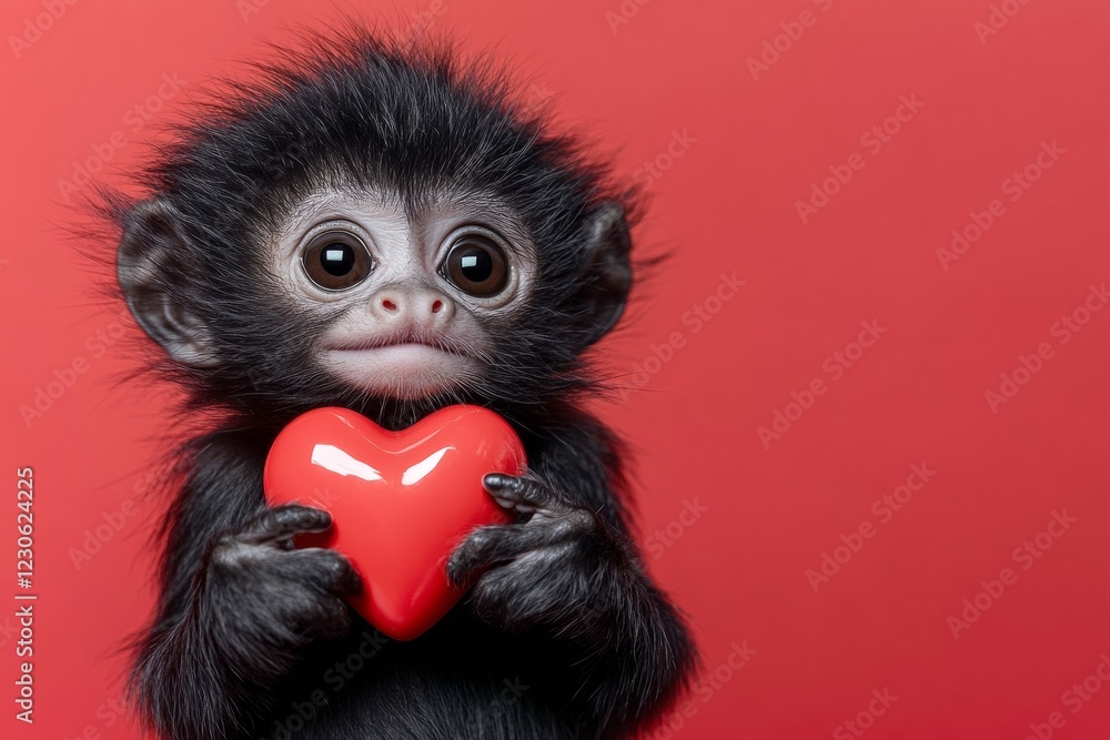 Digital ads conceptual art drawing. Cute tamarin baby with critter toy red heart - symbol of love, funny greeting card. Tamarin - my beloved animal. Advertising concept. Wild animals romance. Digital ads conceptual art drawing. Cute tamarin baby with critter toy red heart - symbol of love, funny greeting card. Tamarin - my beloved animal. Advertising concept. Wild animals romance.