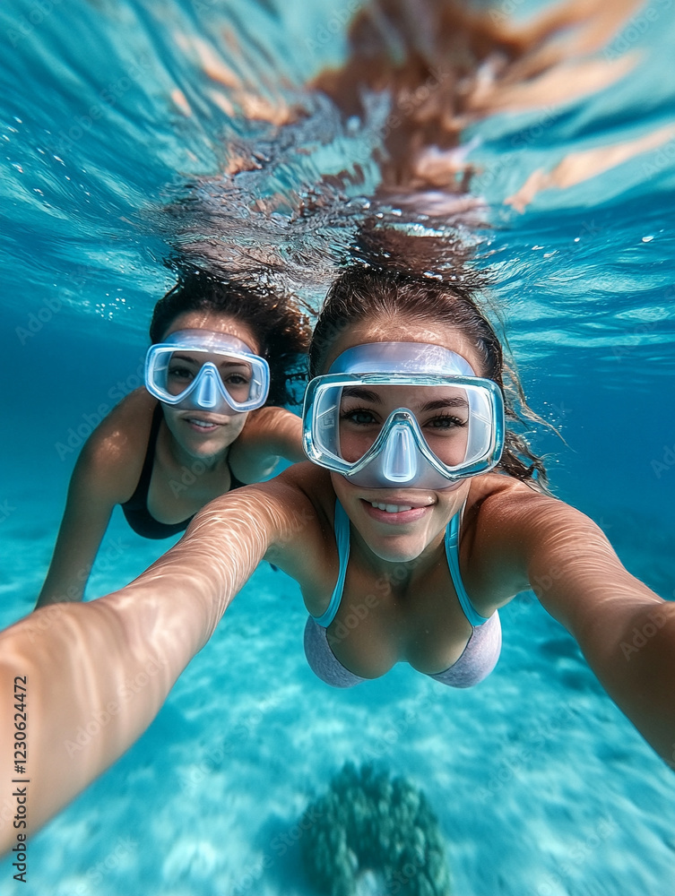 Naklejka premium Friends enjoying snorkeling in clear blue water