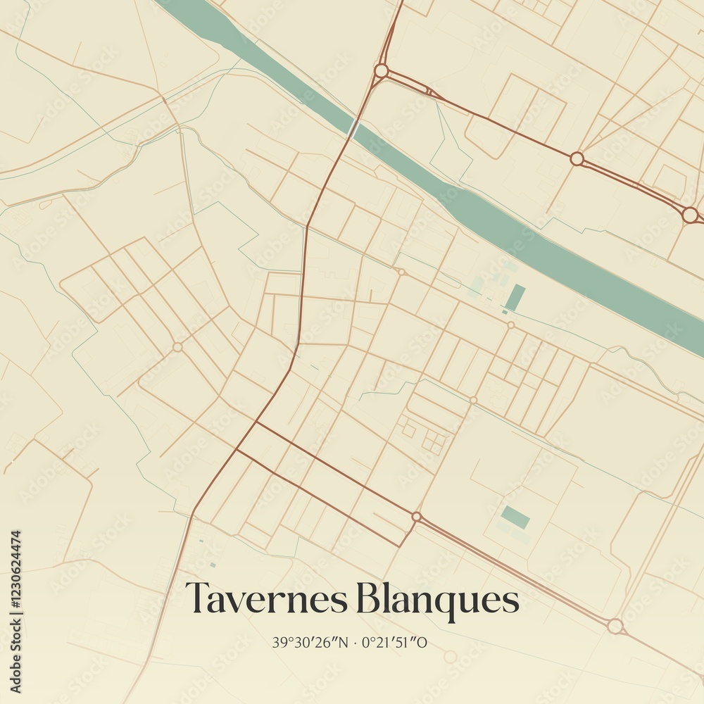 Retro Spanish map of Tavernes Blanques, Comunidad Valenciana. Vintage street map. Retro Spanish map of Tavernes Blanques, Comunidad Valenciana. Vintage street map.