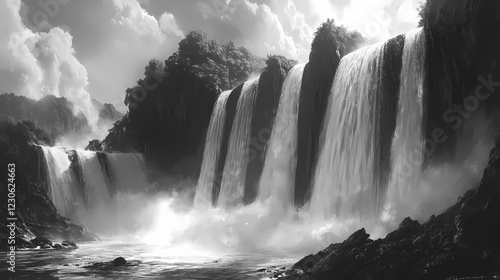 A long-exposure black-and-white panorama captures the rush of water cascading down a waterfall, its power amplified by the stark contrast of light and shadow. Shadow Falls. Illustration