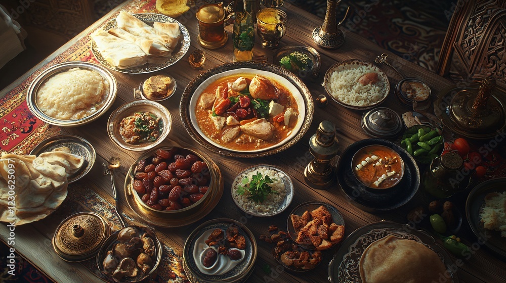 An elaborate Middle Eastern feast featuring a variety of traditional dishes and vibrant colors. An elaborate Middle Eastern feast featuring a variety of traditional dishes and vibrant colors.