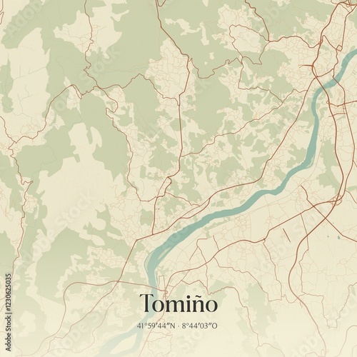 Retro Spanish map of Tomi�o, Galicia. Vintage street map. photo