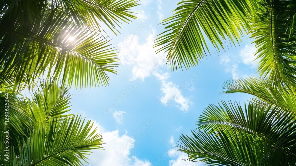 Lush green palm leaves frame a bright blue sky dotted with fluffy clouds, evoking a tranquil and tropical atmosphere. Lush green palm leaves frame a bright blue sky dotted with fluffy clouds, evoking a tranquil and tropical atmosphere.
