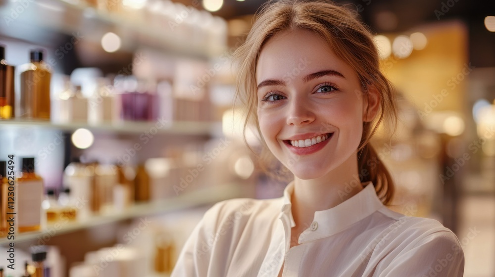 sale, shopping and perfumery concept - happy female assistant with perfume over shop background sale, shopping and perfumery concept - happy female assistant with perfume over shop background