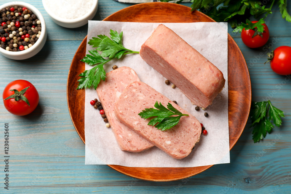 Pieces of tasty canned meat, parsley, spices and tomatoes on light blue wooden table, flat lay Pieces of tasty canned meat, parsley, spices and tomatoes on light blue wooden table, flat lay