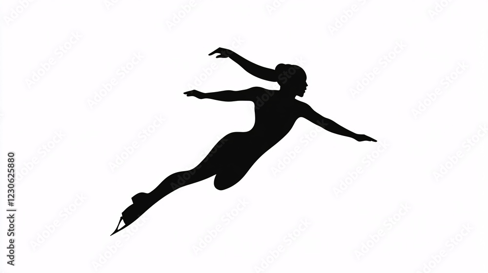 A graceful female figure skater in mid-air silhouette, exuding elegance and athleticism against a minimal white background. A graceful female figure skater in mid-air silhouette, exuding elegance and athleticism against a minimal white background.