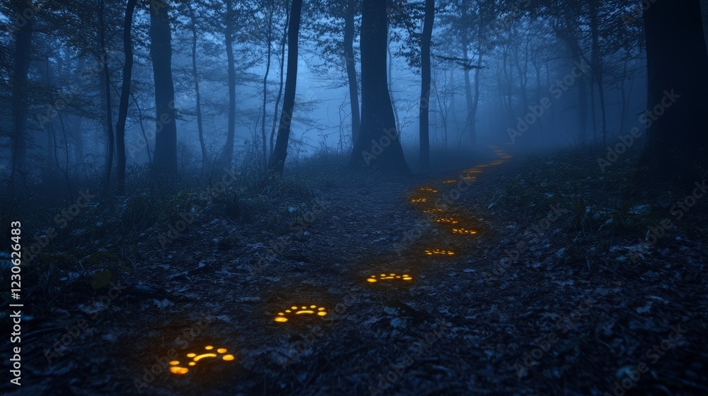 Fototapeta premium A mystical forest scene with glowing animal footprints illuminating a path through the misty woods at twilight.