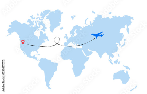 Traveling Around the World - Air Transportation Concept, Travel by Airplane - World Map and Earth Globe Design with Plane Flying Intercontinental Routes to Various Destinations