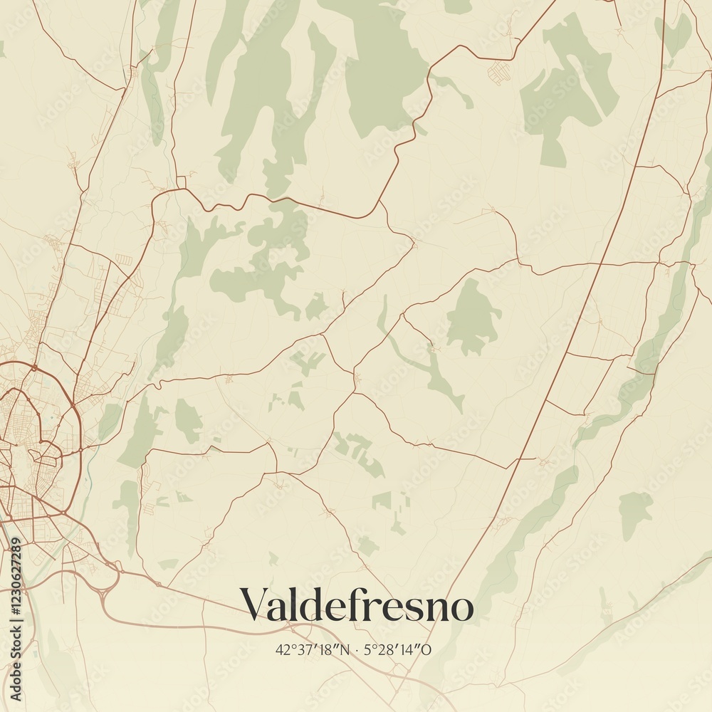 Fototapeta premium Retro Spanish map of Valdefresno, Castilla y Le�n. Vintage street map.