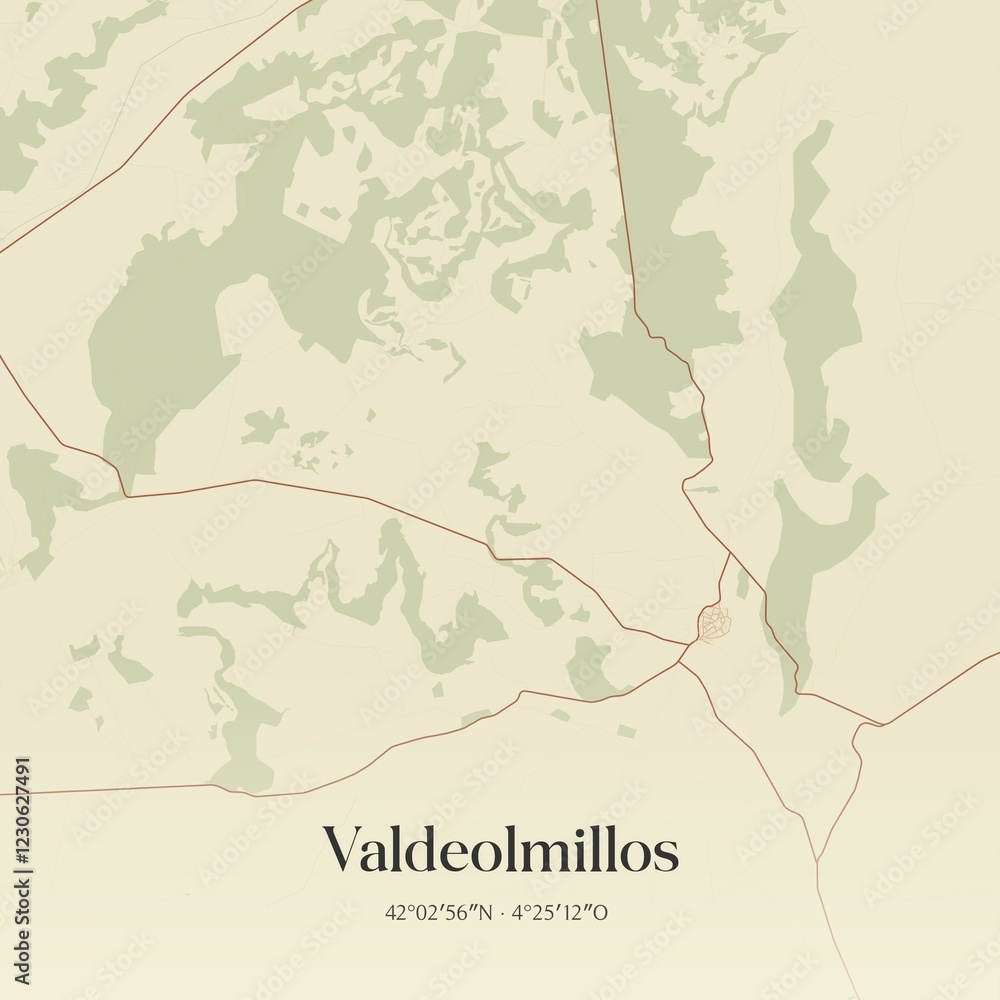 Fototapeta premium Retro Spanish map of Valdeolmillos, Castilla y Le�n. Vintage street map.