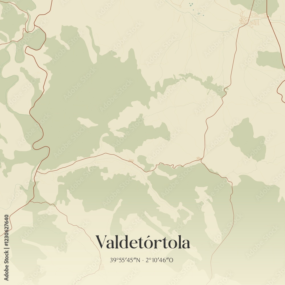 Fototapeta premium Retro Spanish map of Valdet�rtola, Castilla-La Mancha. Vintage street map.