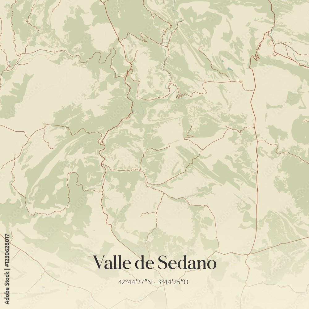 Fototapeta premium Retro Spanish map of Valle de Sedano, Castilla y Le�n. Vintage street map.